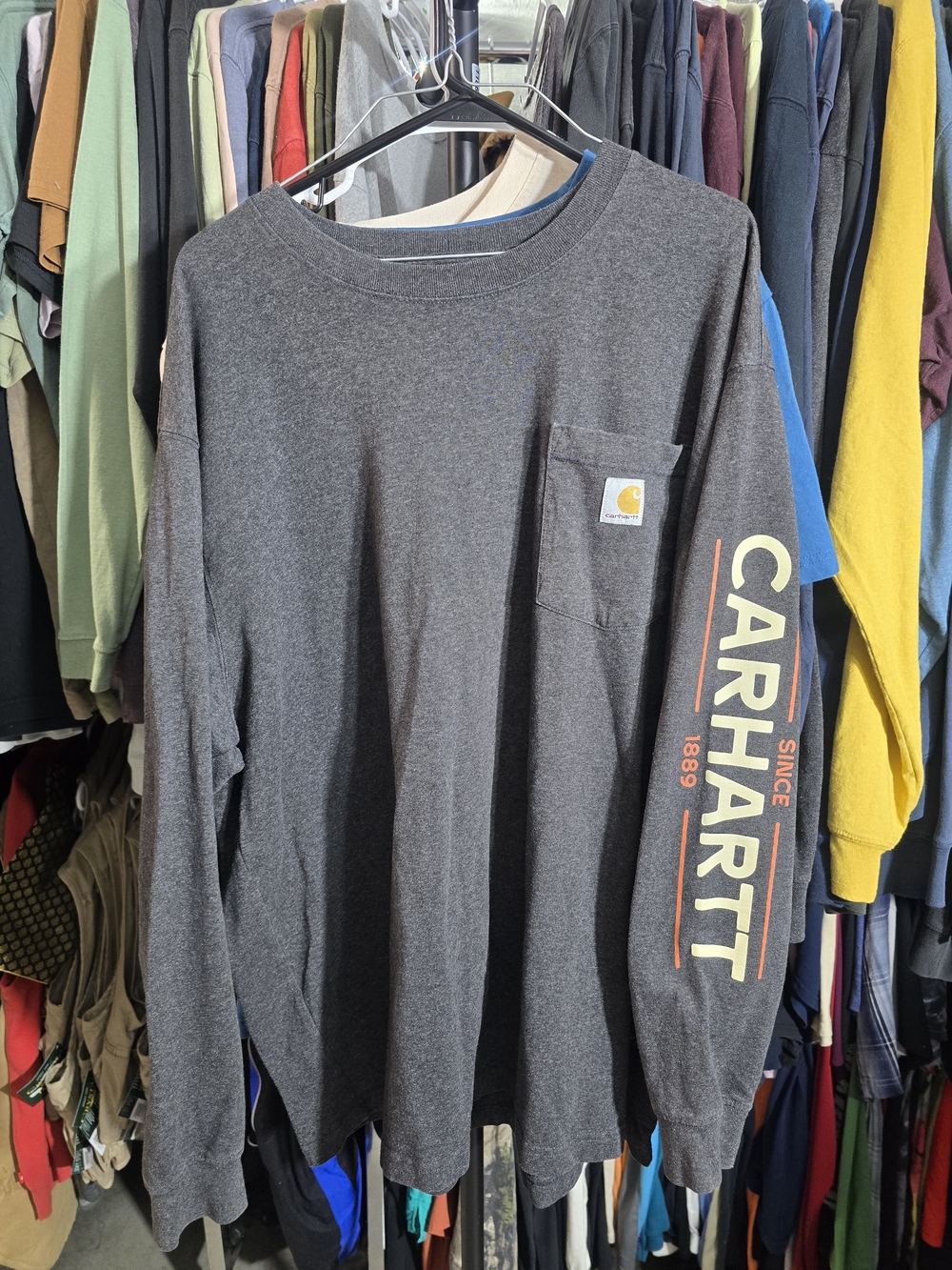 Carhartt Men's Long Sleeve Pocket Tee - Charcoal with Sleeve Logo